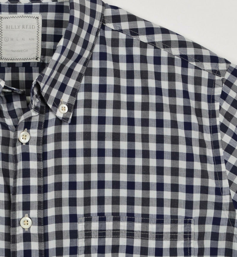 Billy Reid Men's Small Standard Cut Navy Blue Gray Plaid Check Long Sleeve Shirt