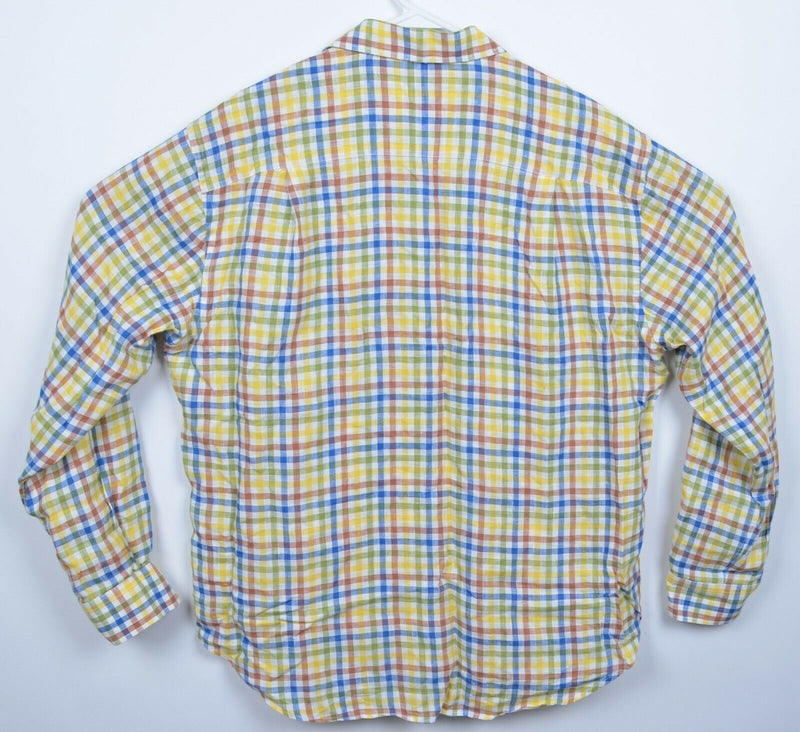 J. McLaughlin Men's XL 100% Linen Multi-Color Yellow Check Button-Front Shirt