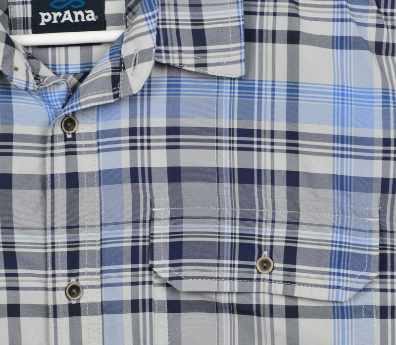 Prana Men's Large 100% Nylon Blue White Plaid Hiking Outdoor Short Sleeve Shirt