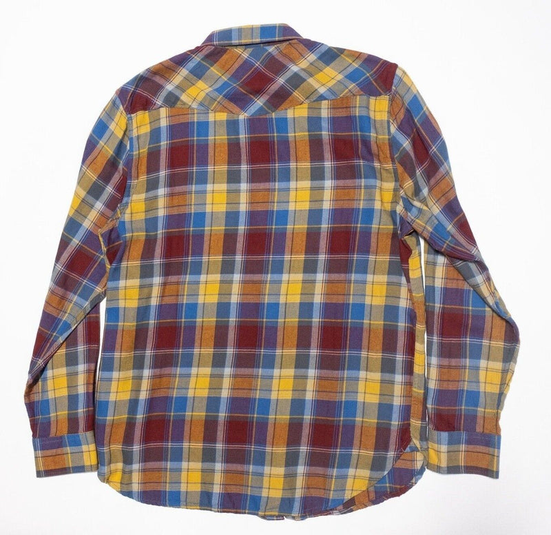 Lucky Brand Pearl Snap Shirt Large Men's Long Sleeve Colorful Plaid Gold Blue