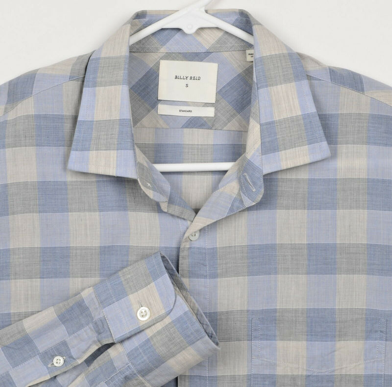 Billy Reid Men's Small Standard Blue Gray Plaid Check Spread Collar Italy Shirt