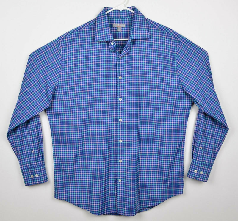 Peter Millar Wicking Men's Sz Large Nylon Spandex Blue Pink Plaid Check Shirt