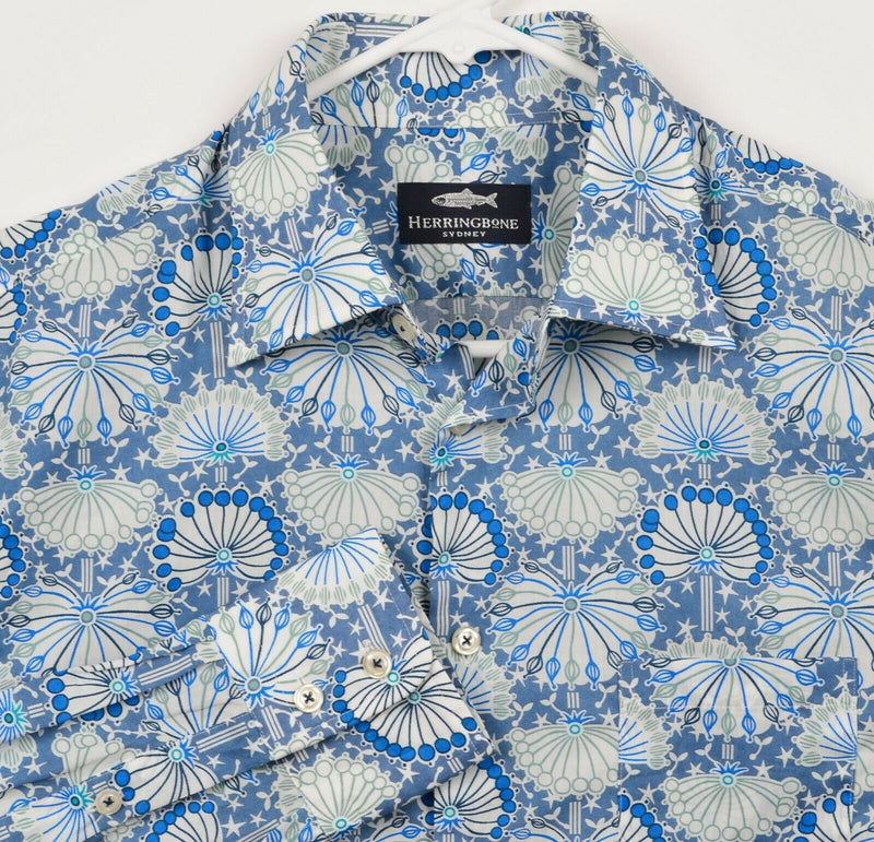 Herringbone Sydney Men's Sz Medium Blue Floral Long Sleeve Button-Front Shirt