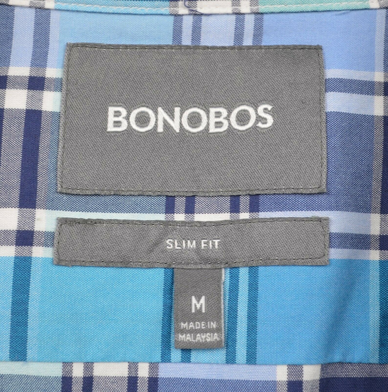 Bonobos Men's Sz Medium Slim Fit Blue Aqua Navy Plaid Button-Down Shirt