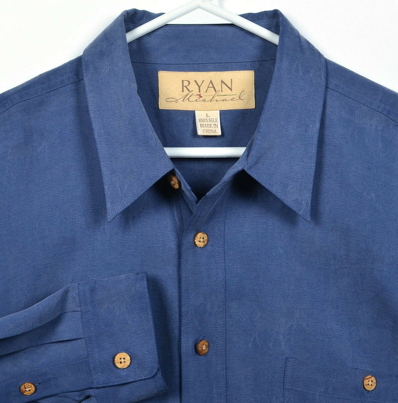 Ryan Michael Men's Large 100% Silk Textured Moose Solid Blue Button-Front Shirt