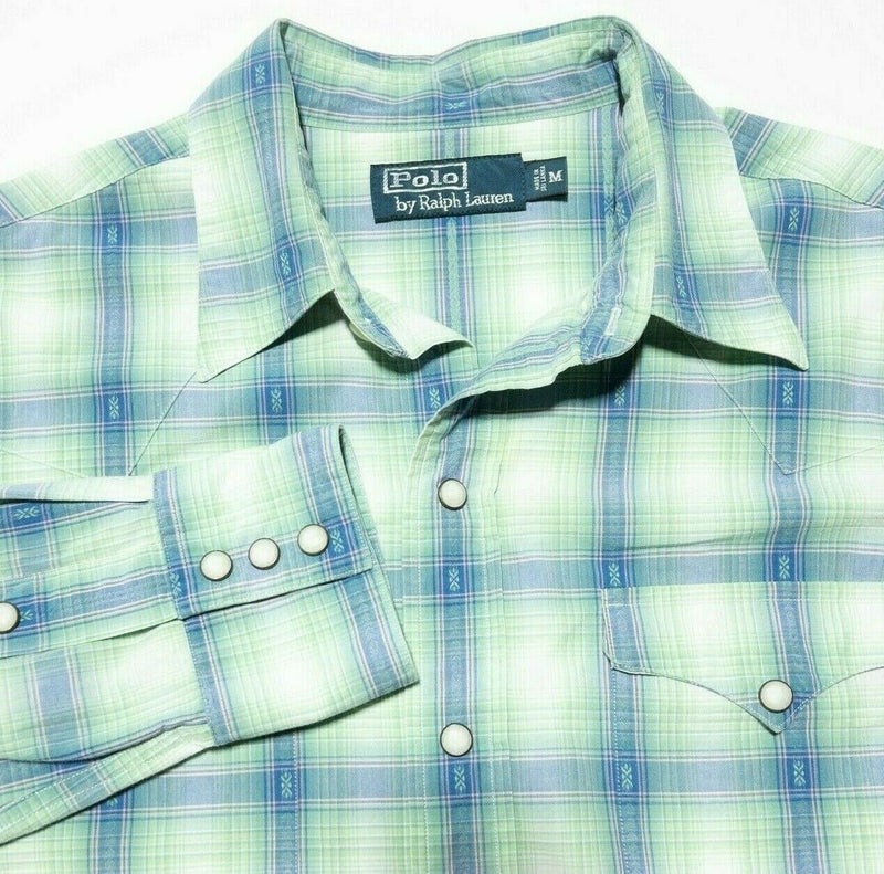 Polo Ralph Lauren Pearl Snap Shirt Green Blue Plaid Western Aztec Men's Medium