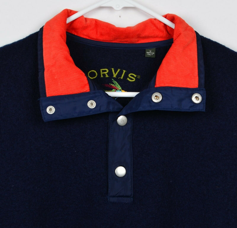Orvis Men's Sz Medium 100% Wool Navy Blue Padded Elbow Snap Pullover Sweater