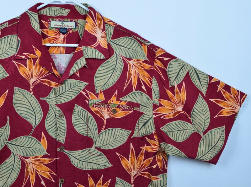 Tommy Bahama Men's Large 100% Silk Red Floral Palm Hawaiian Aloha Camp Shirt