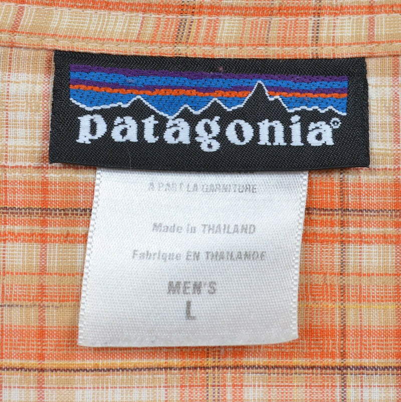 Patagonia Men's Large Polyester Organic Cotton Orange Plaid Hiking Shirt