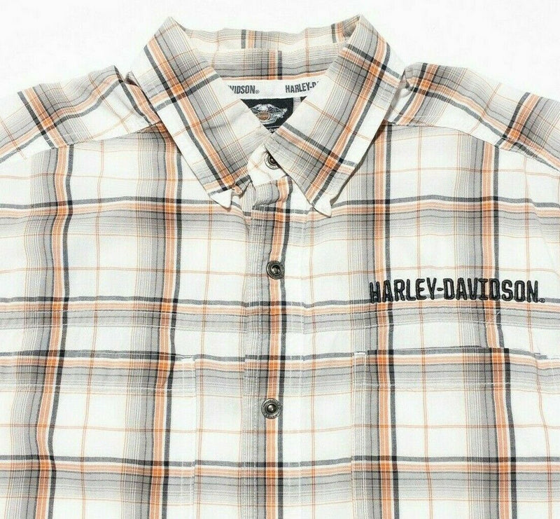 Harley-Davidson Shirt Men's Large Snap-Front Plaid Orange Garage Mechanic Biker