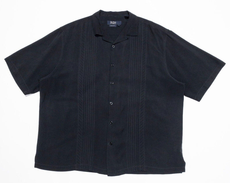 Nat Nast Silk Shirt 2XL Men's Ruffle Panel Bowling Retro Hawaiian Camp Black