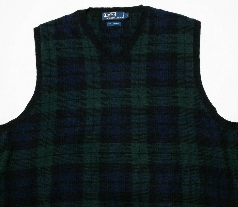 Polo Ralph Lauren Men's XL 100% Lambswool Green Navy Tartan Plaid Sweater Vest