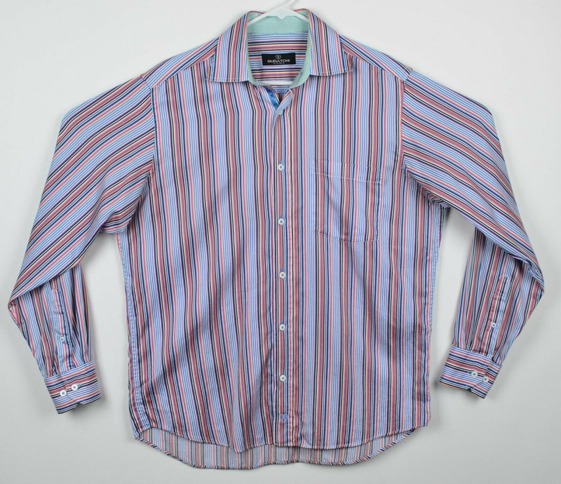 Bugatchi Uomo Men's Sz Medium Flip Cuff Multicolor Striped Casual Dress Shirt