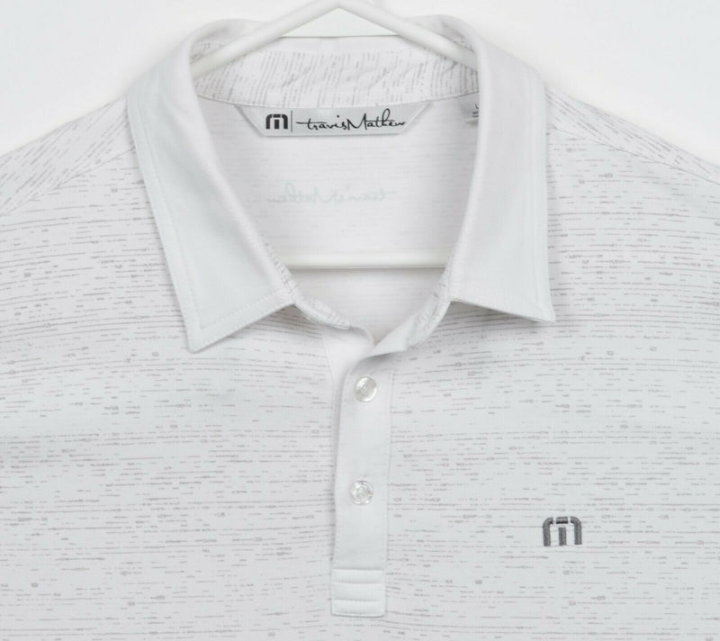 Travis Mathew Men's Large White Gray Striped Cotton Poly Blend Golf Polo Shirt