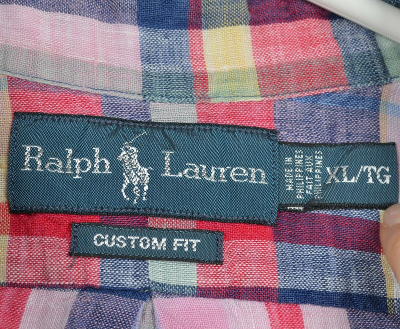 Polo Ralph Lauren Men's XL 100% Linen Pink Navy Blue Red Plaid Button-Down Shirt