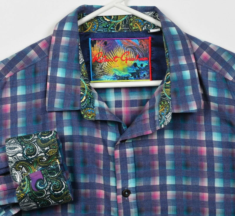 Robert Graham Men's 3XL Classic Fit Flip Cuff Paisley Blue Magenta Check Shirt