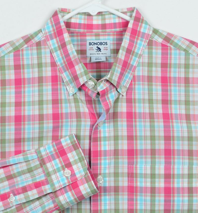 Bonobos Men's Sz Large Standard Fit Pink Green Blue Plaid Button-Down Shirt