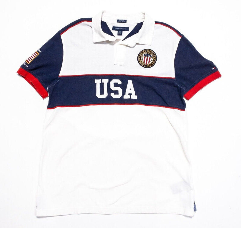 Tommy Hilfiger Rugby Polo Large Men's Shirt USA Flag White Navy Blue Red Stripe