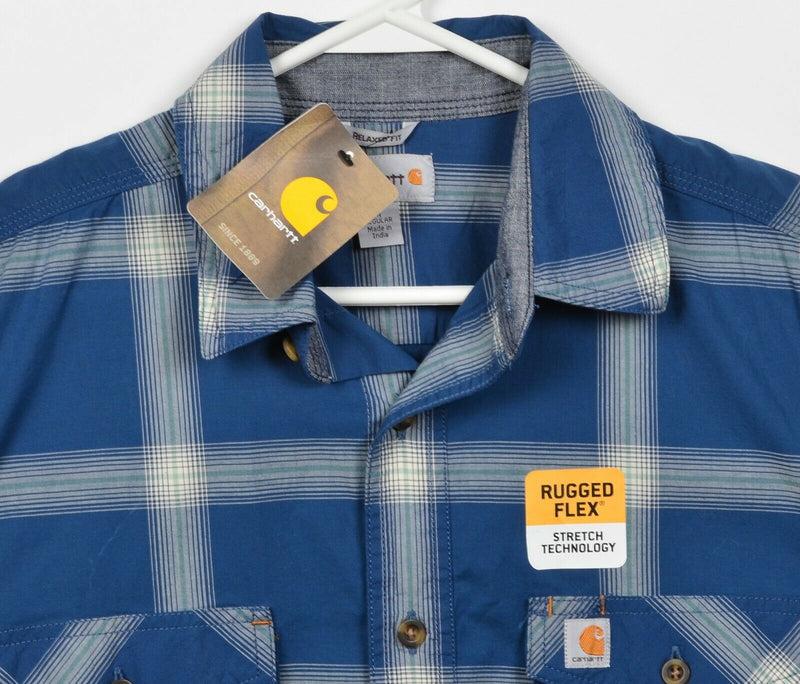 Carhartt Men's Medium Relaxed Fit Rugged Flex Blue Plaid Button-Front Shirt