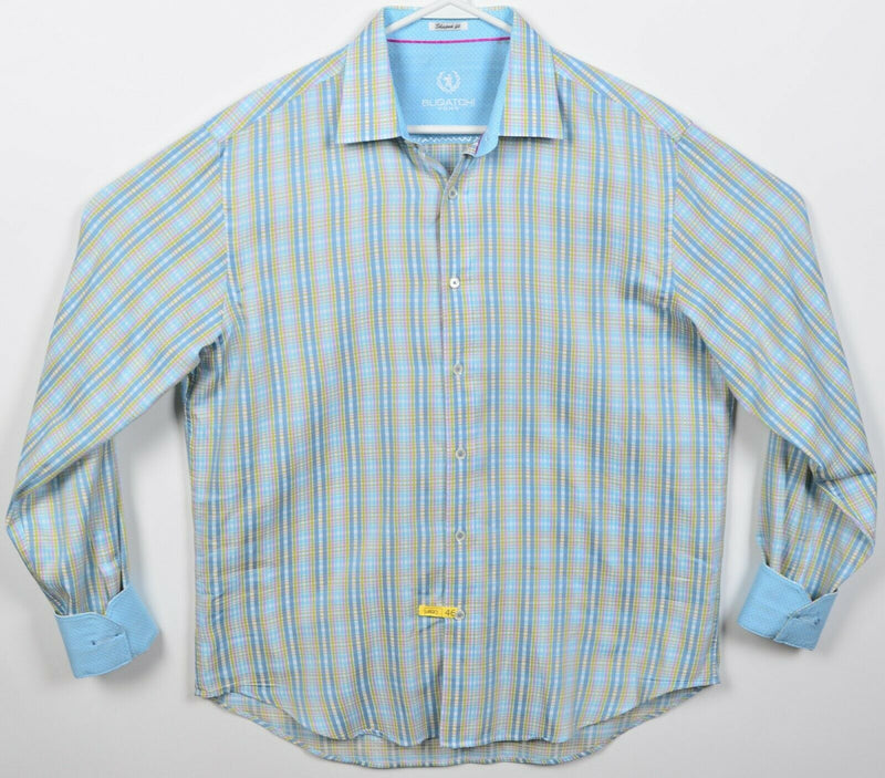 Bugatchi Uomo Men's Large? Flip Cuff Blue Yellow Plaid Button-Front Shirt