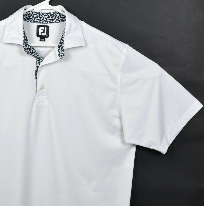 FootJoy Men's Large Solid White Floral Accent FJ Golf Wicking Polo Shirt