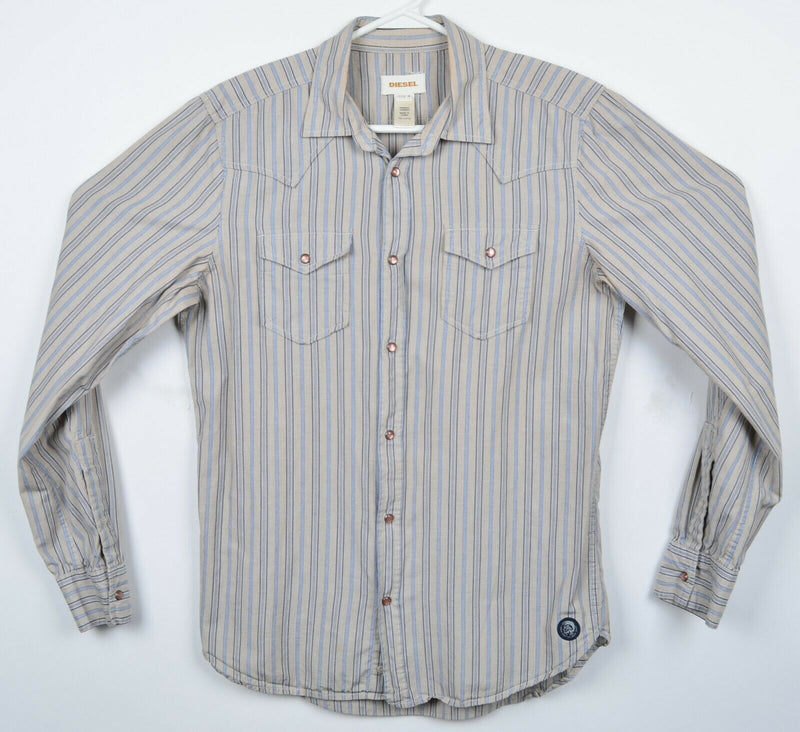 Diesel Men's Medium Pearl Snap Gray Striped Designer Rockabilly Western Shirt