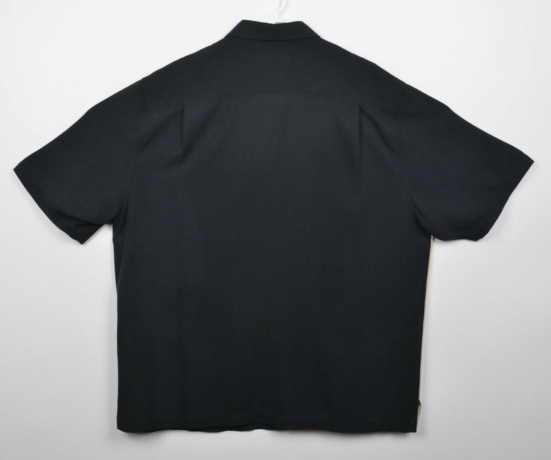 Nat Nast Men's Sz XL 100% Silk Black Tan Panel Striped Bowling Hawaiian Shirt
