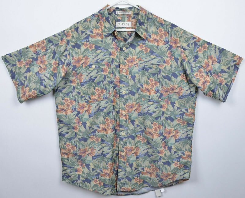 Orvis Men's Large Floral Blue Green Red Modal Button-Front Hawaiian Shirt