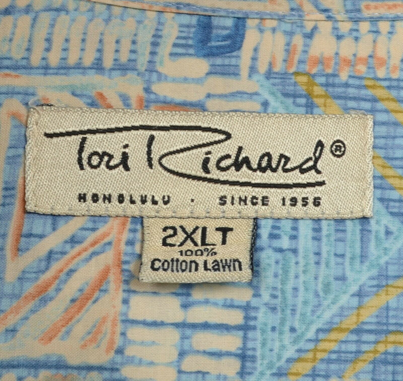 Tori Richard Men's Sz 2XLT Blue Tan Geometric Cotton Lawn Hawaiian Shirt