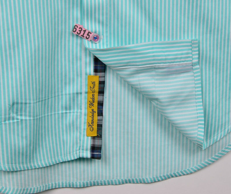 Robert Graham X Men's Large Tailored Fit Flip Cuff Aqua Blue Striped Shirt