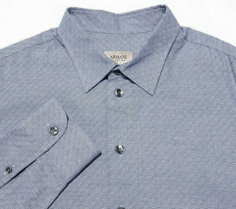 Armani Collezioni Button-Front Shirt Blue Check Long Sleeve Designer Men's XL