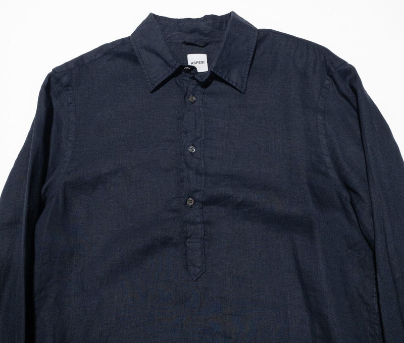 Aspesi Linen Shirt Medium Men's Long Sleeve Pop-over Button Pullover Navy Blue