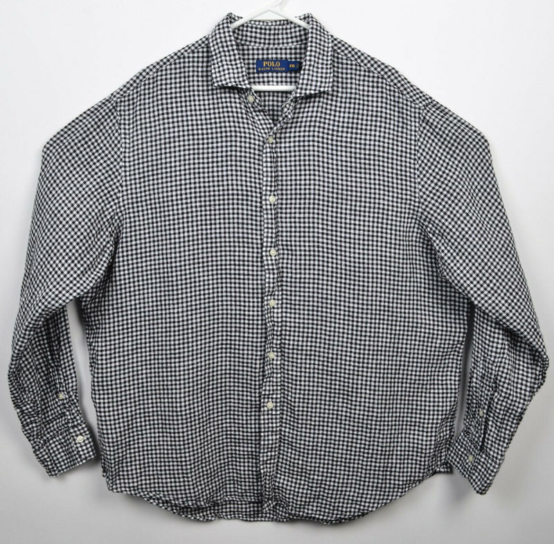 Polo Ralph Lauren Men's 2XL Black White Check 100% Linen Button-Front Shirt