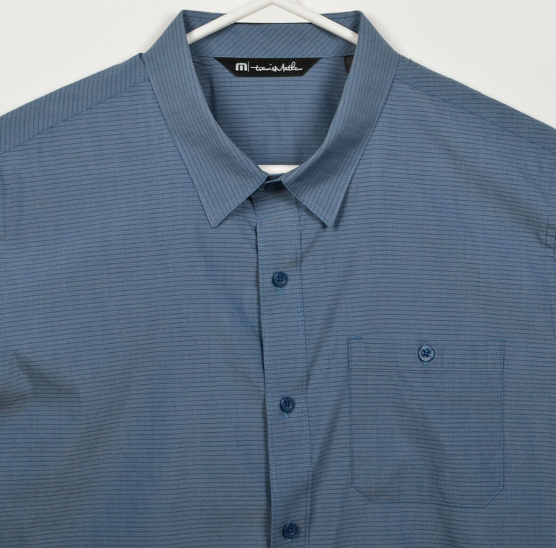 Travis Mathew Men's Medium Blue Striped Cotton Nylon Blend Button-Front Shirt