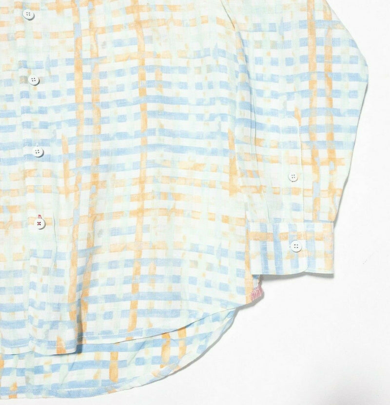 Tommy Bahama Linen Shirt Large Men's Orange Blue Check Long Sleeve Relax