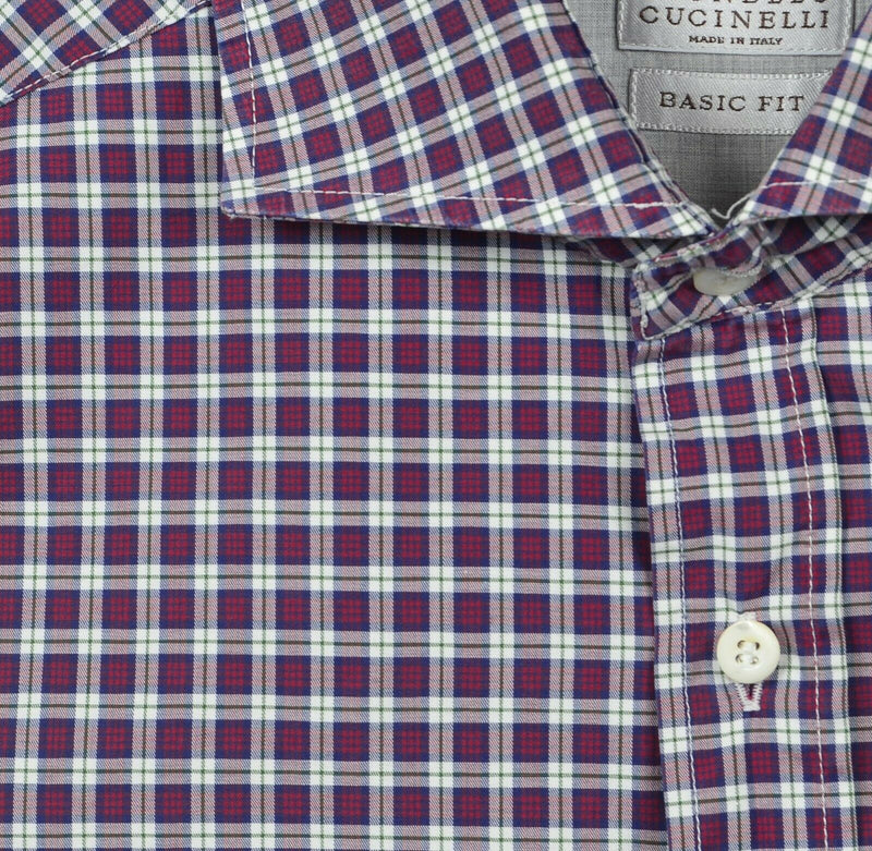 Brunello Cucinelli Men's XL Basic Fit Purple Plaid Italy Button-Front Shirt