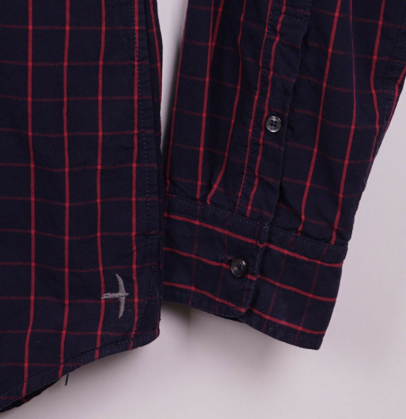Relwen Men's XL Lined Navy Blue Red Windowpane Plaid Button-Down Flannel Shirt