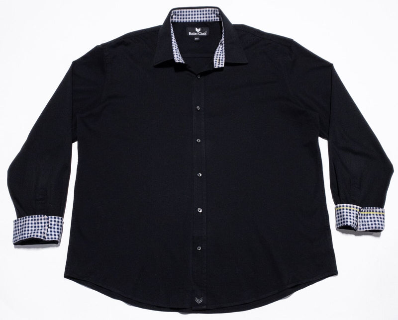 Butter Cloth Shirt Men's 2XL Flip Cuff Check Button-Up Solid Black Stretch