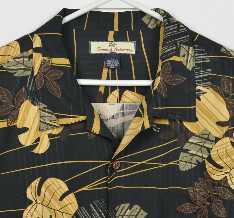 Tommy Bahama Men's XL 100% Silk Floral Black Yellow Hawaiian Aloha Camp Shirt