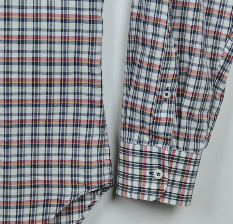 Billy Reid Men's XL Standard Cut Cotton Linen Blend Navy Red Plaid Italy Shirt