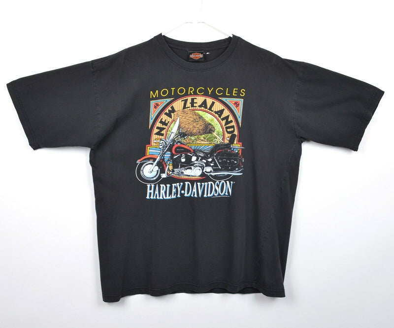 Vintage 90s Harley-Davidson Men's XL New Zealand Kiwi Motorcycle Black T-Shirt