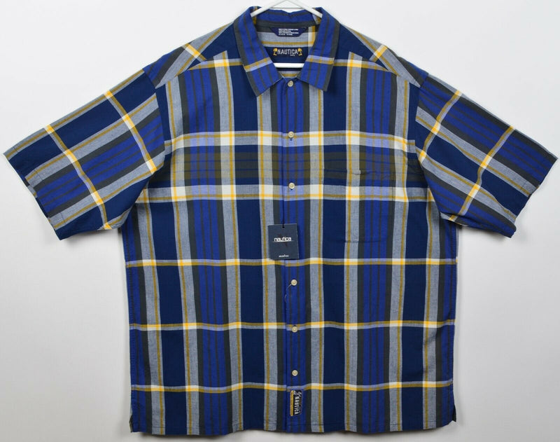 Nautica Men's Large Blue Navy Yellow Plaid Honolulu Button-Front Shirt