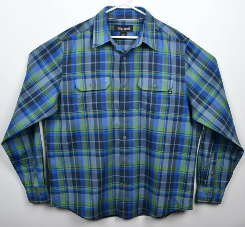 Marmot Men's XL Blue Green Plaid Flannel Polyester Hiking Button-Front Shirt