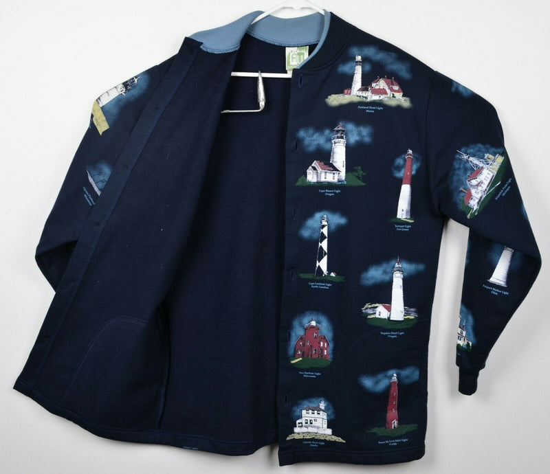 Vintage Art Unlimited Women's Large Lighthouses Navy Button-Front Sweatshirt