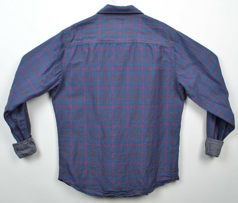 Stile Benetton Men's Medium Slim Linen Blend Flip Cuff Logo Blue Plaid Shirt
