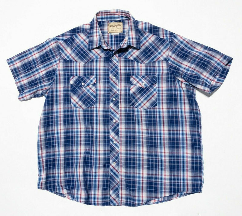 Wrangler Pearl Snap Shirt 2XL Men's Short Sleeve Western Blue Red Plaid