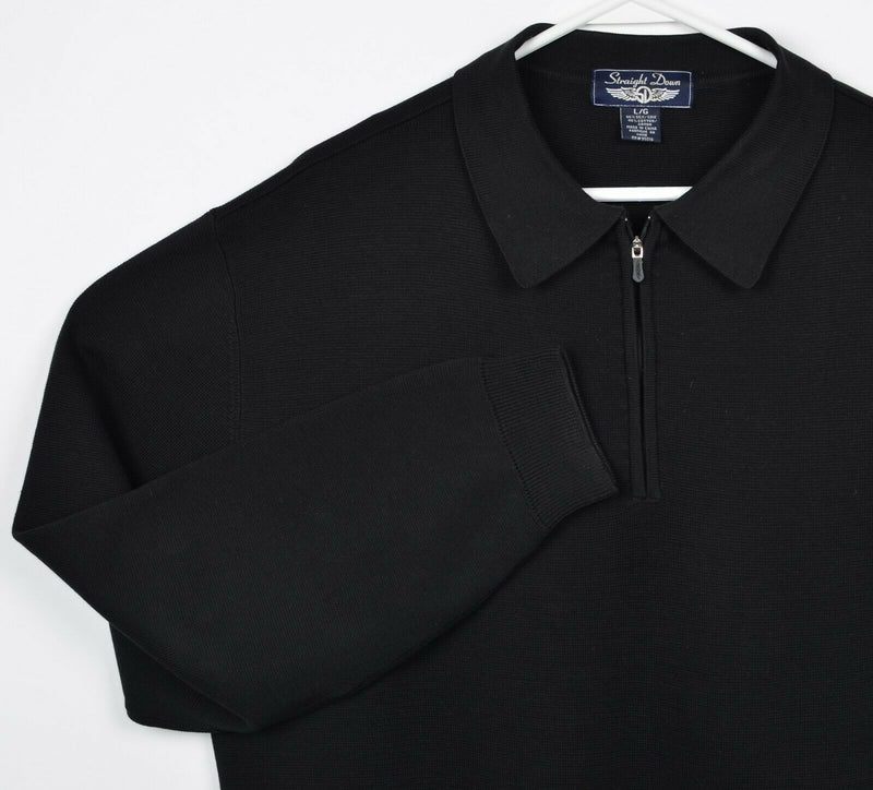 Straight Down Men's Large Silk Blend 1/4 Zip Solid Black Pullover Golf Sweater