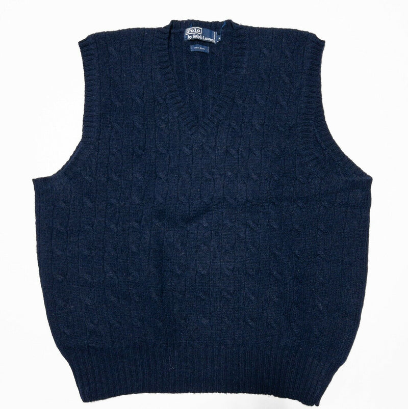 Polo Ralph Lauren Men's XL 100% Wool Cable-Knit Navy Blue Vintage Sweater Vest