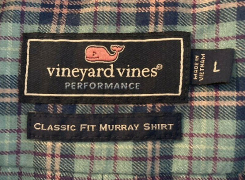 Vineyard Vines Performance Men's Large Classic Fit Murray Aqua Blue Plaid Shirt