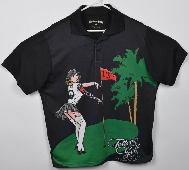 Tattoo Golf Men's Medium Pin-Up Girl Lucky 13 Black Polyester Golf Polo Shirt